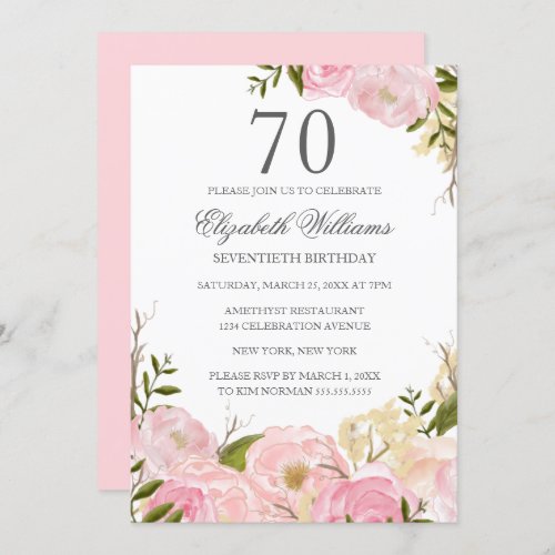 Pink Blush Watercolor Floral 70th Birthday Invite