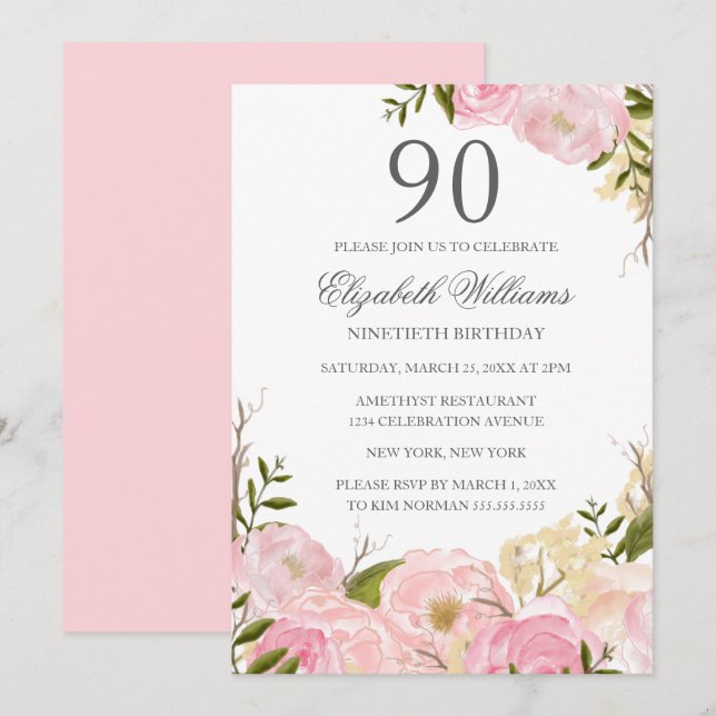 Pink Blush Watercolor Floral 90th Birthday Invite (Front/Back)