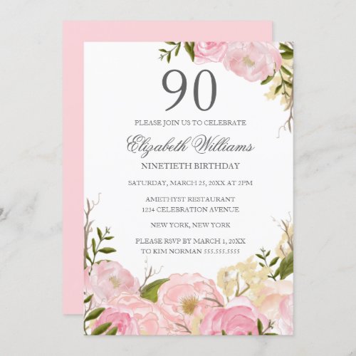 Pink Blush Watercolor Floral 90th Birthday Invite