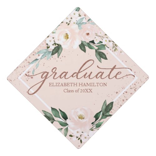 Pink Blush Watercolor Floral Botanical Bouquet Gra Graduation Cap Topper