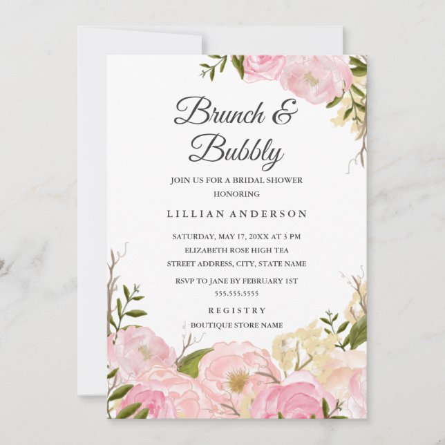 Pink Blush Watercolor Floral Brunch And Bubbly Invitation (Front)