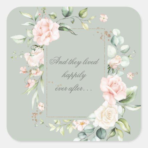 Pink Blush Watercolor Floral Happily Ever After Square Sticker