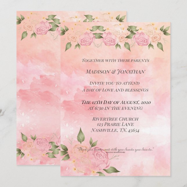 Pink Blush Watercolor Floral Invitation (Front/Back)