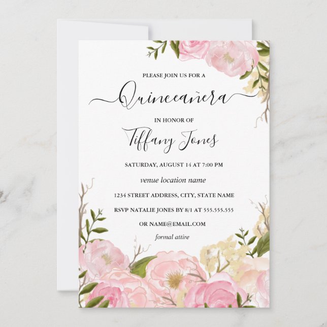 Pink Blush Watercolor Floral Quinceanera Invite (Front)