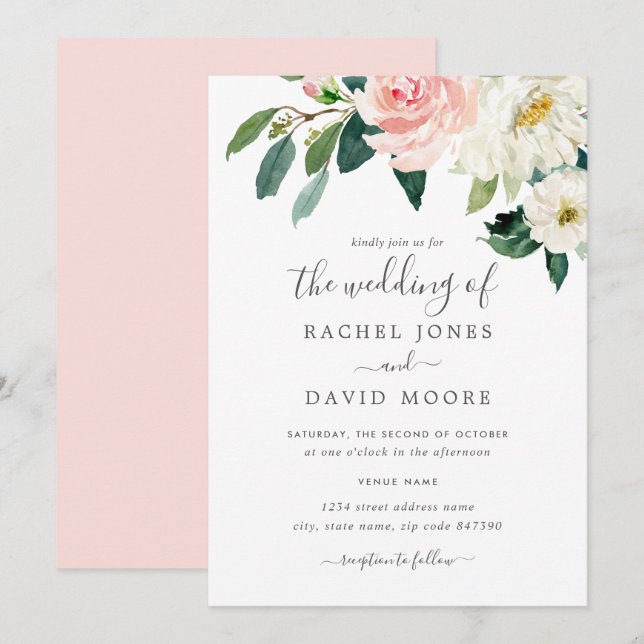 Pink Blush Watercolor Floral Wedding Invitation (Front/Back)