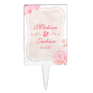 Pink & Blush Watercolor Floral Wedding Monogram Cake Topper