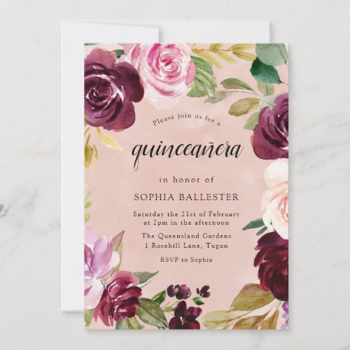 Pink Blush Watercolor Floral Wreath quinceanera Invitation