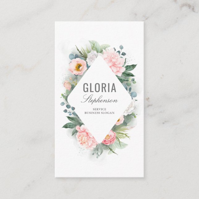Pink Blush Watercolor Flowers and Greenery Frame Business Card (Front)