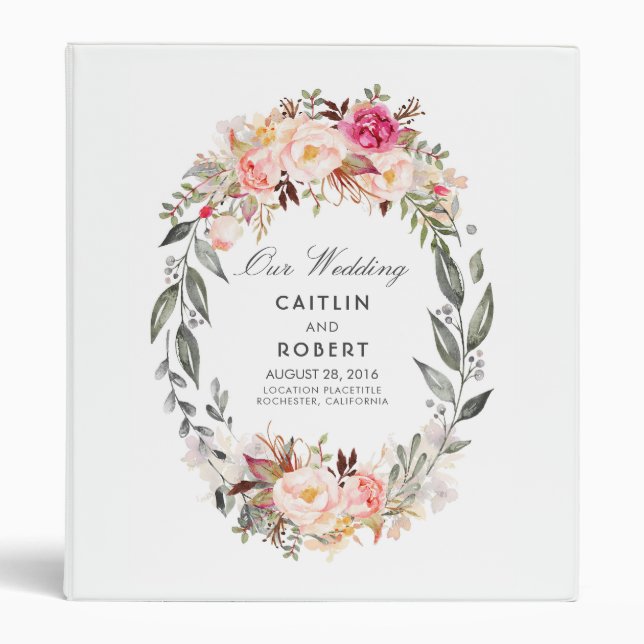 Pink Blush Watercolor Flowers Wedding Binder (Front)