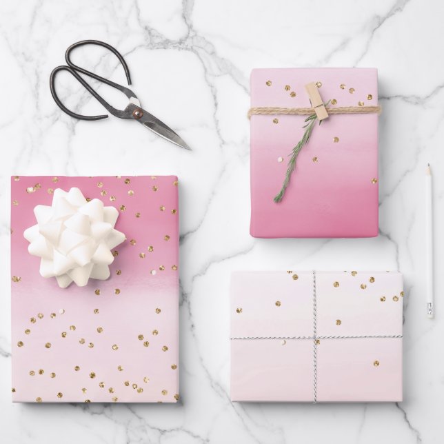 Pink Blush Watercolor Gold Glitz Sparkle           Wrapping Paper Sheets (Front)
