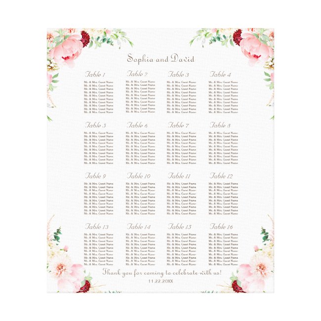 Pink Blush Watercolor Peony Wedding Seating Chart Canvas Print