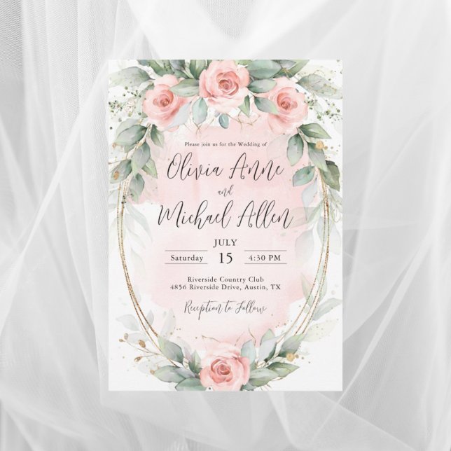 Pink Blush Watercolor Roses Gold Elegant Wedding Invitation (Creator Uploaded)