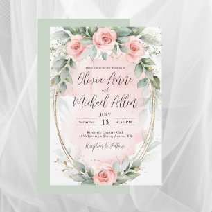 Pink Blush Watercolor Roses Sage Green Wedding Invitation