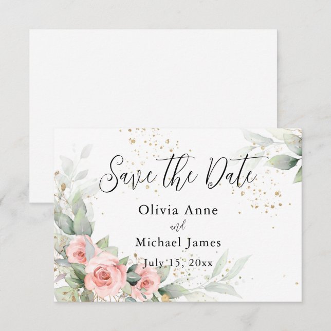 Pink Blush Watercolor Roses Save the Date (Front/Back)