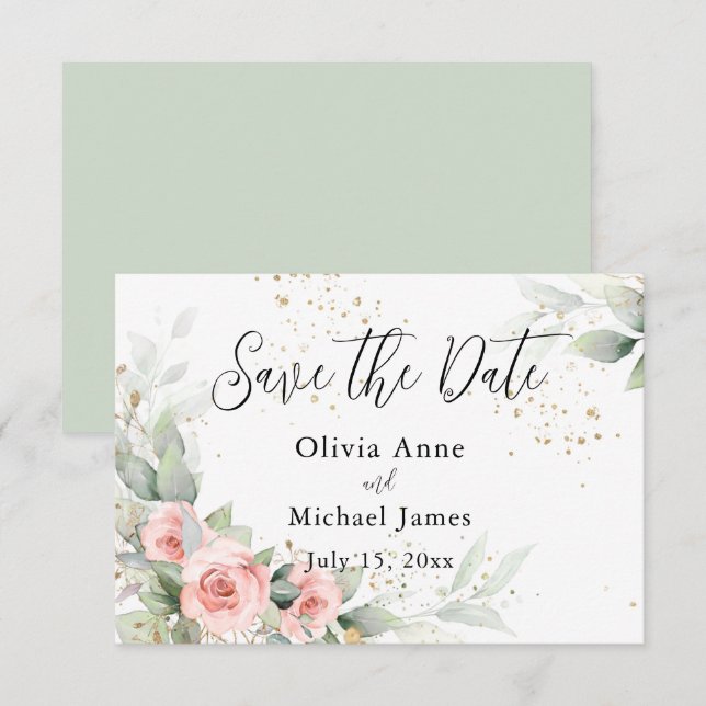 Pink Blush Watercolor Roses Save the Date (Front/Back)