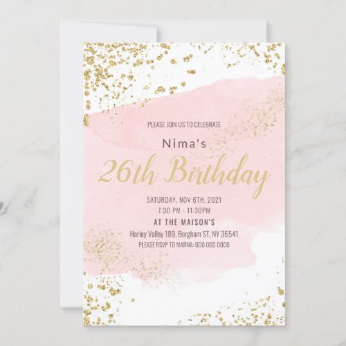Pink blush watercolor stroke gold glitter invitation