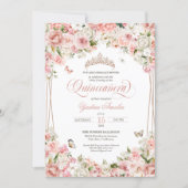 Pink Blush White Floral Butterfly Quinceanera Invitation (Front)