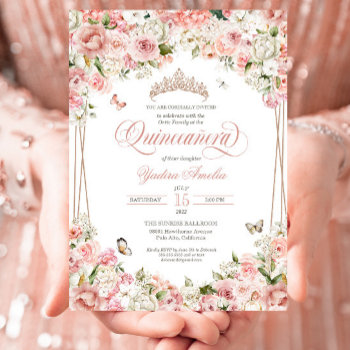 Pink Blush White Floral Butterfly Quinceanera Invitation by PrettyInviting at Zazzle