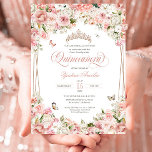 Pink Blush White Floral Butterfly Quinceanera Invitation at Zazzle