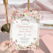Pink Blush White Floral Butterfly Quinceanera Invitation