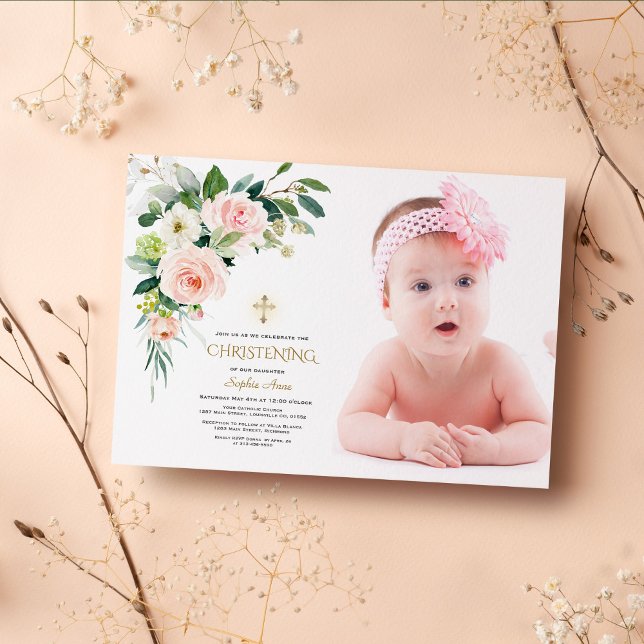 Pink Blush White Floral Photo Girl Christening Invitation (christening invitation, pink floral photo christening invitation)