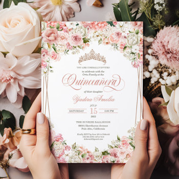 Pink Blush White Flowers Elegant Quinceañera Invitation by PrettyInviting at Zazzle