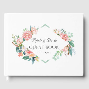 Pink Blush White Flowers Green Frame Wedding Guest Book