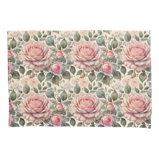 Pink Blush & White Giant Cabbage Roses Pillow Case (Front)