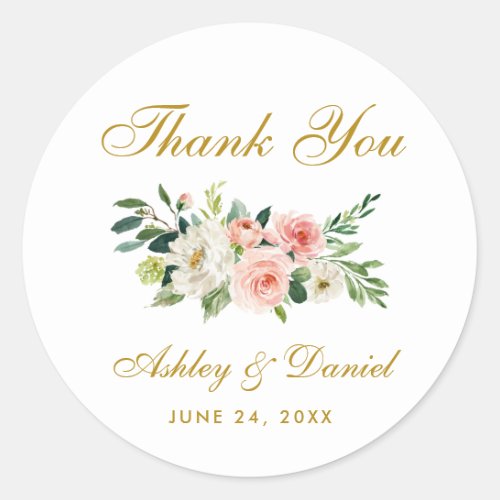 Pink Blush White Gold Floral Wedding Thank You L Classic Round Sticker