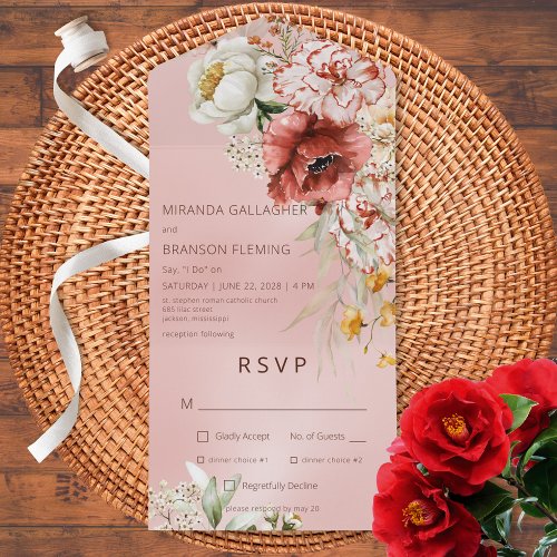 Pink Blush  White Modern Floral Pink Dinner All In One Invitation