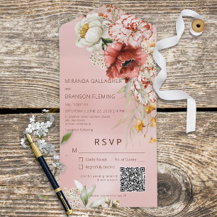 Pink Blush & White Modern Floral Pink QR Code All In One Invitation