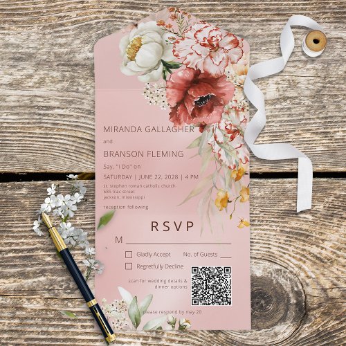 Pink Blush  White Modern Floral Pink QR Code All In One Invitation