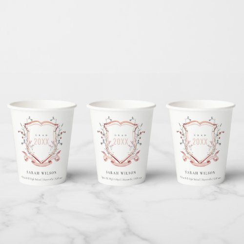 Pink Blush Wildflower Watercolor Crest Graduation Paper Cups
