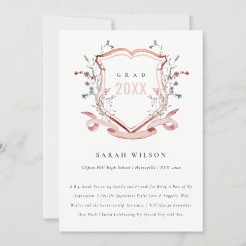 Pink Blush Wildflower Watercolor Crest Graduation Thank You Card