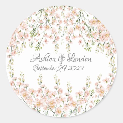 Pink Blush Wildflowers Elegant Floral Name Date Classic Round Sticker