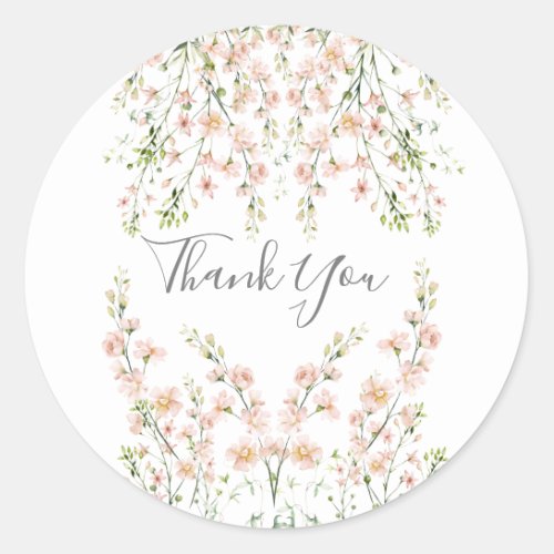 Pink Blush Wildflowers Elegant Floral Thank You Classic Round Sticker