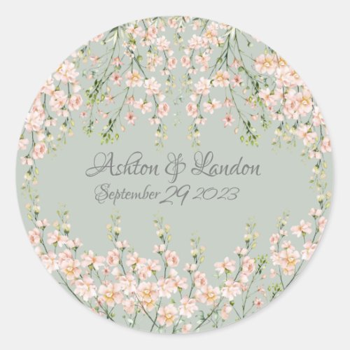 Pink Blush Wildflowers Sage Green Elegant Floral  Classic Round Sticker