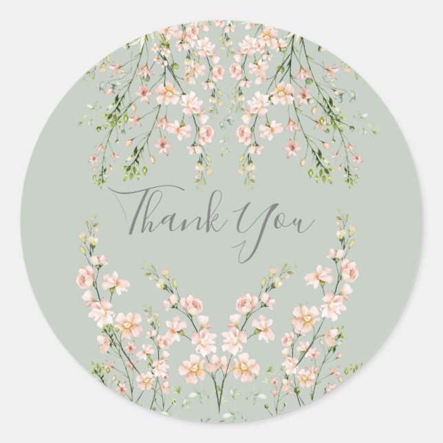 Pink Blush Wildflowers Sage Green Thank You Classic Round Sticker (Front)