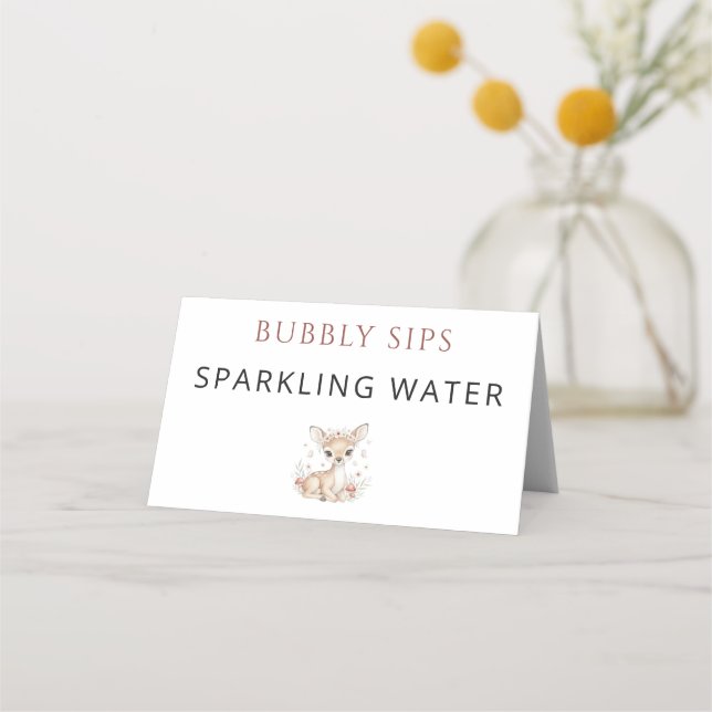 Pink Blush Woodland Deer Girl Sparkling Water Place Card (Front)