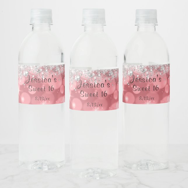 Pink Bo Ho Silver Sparkling Glitter Sweet 16   Water Bottle Label (Bottles)