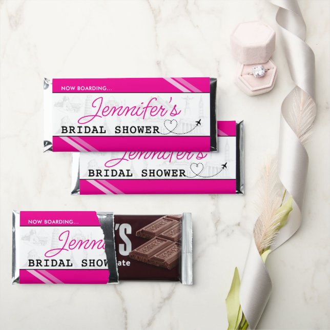 Pink Boarding Pass Bridal Shower Hershey Bar Favors (Front)