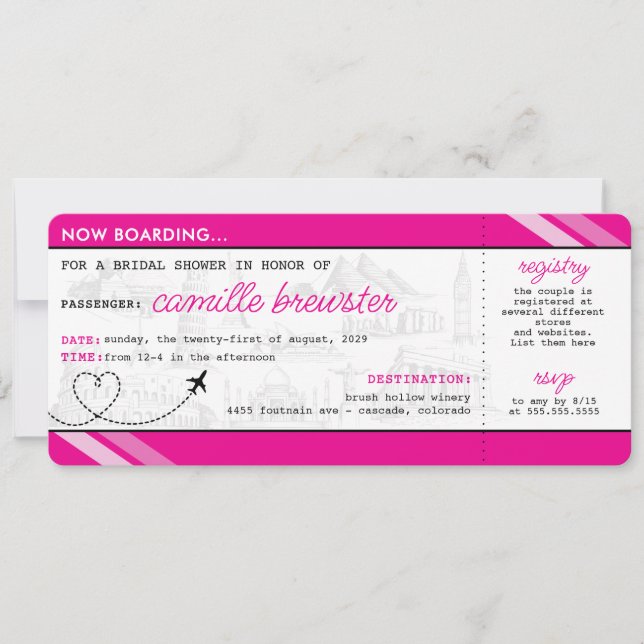 Pink Boarding Pass Bridal Shower Invitation (Front)