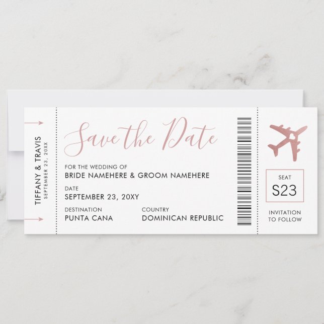 Pink Boarding Pass Plane Ticket Save the Date Announcement (Front)