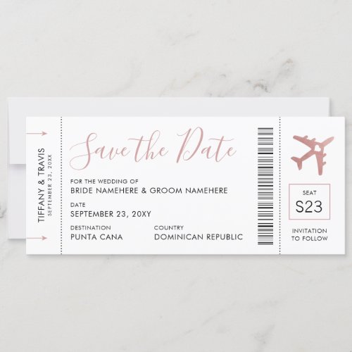 Pink Boarding Pass Plane Ticket Save the Date Announcement