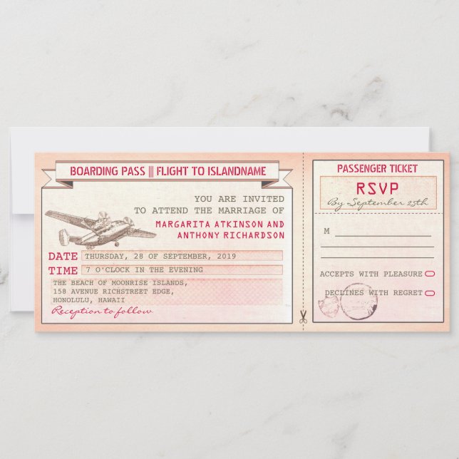 pink boarding pass ticket-vintage wedding invites (Front)