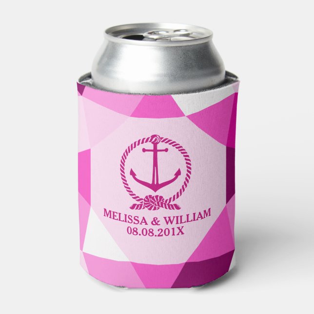 Pink Boat Anchor & Modern Geometric Pattern Can Cooler (Can Front)