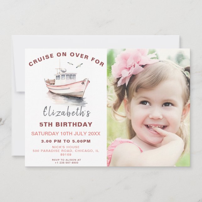 Pink Boat Birthday Photo Invitation (Front)