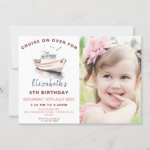 Pink Boat Birthday Photo Invitation
