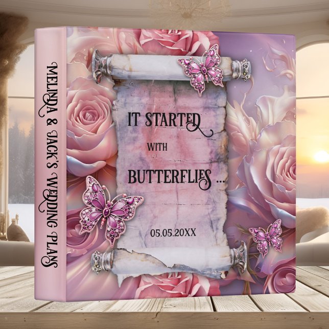 Pink Bohemian Butterflies Wedding Plans Binder (Bohemian wedding binder featuring a pink and lilac design with roses and butterflies)