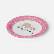 Pink Bohemian Elephant and Chevron Baby Shower Paper Plates